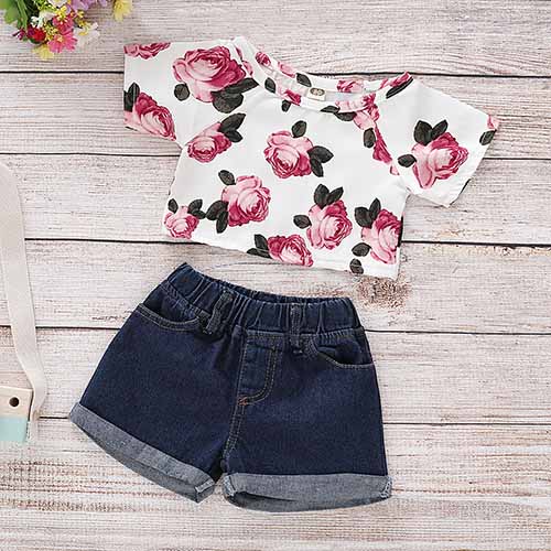 Floral Print Top And Denim Shorts Set, zoerea.com