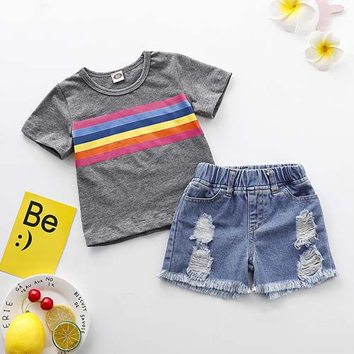 Rainbow Short-sleeve Top And Ripped Denim Shorts Set, zoerea.com