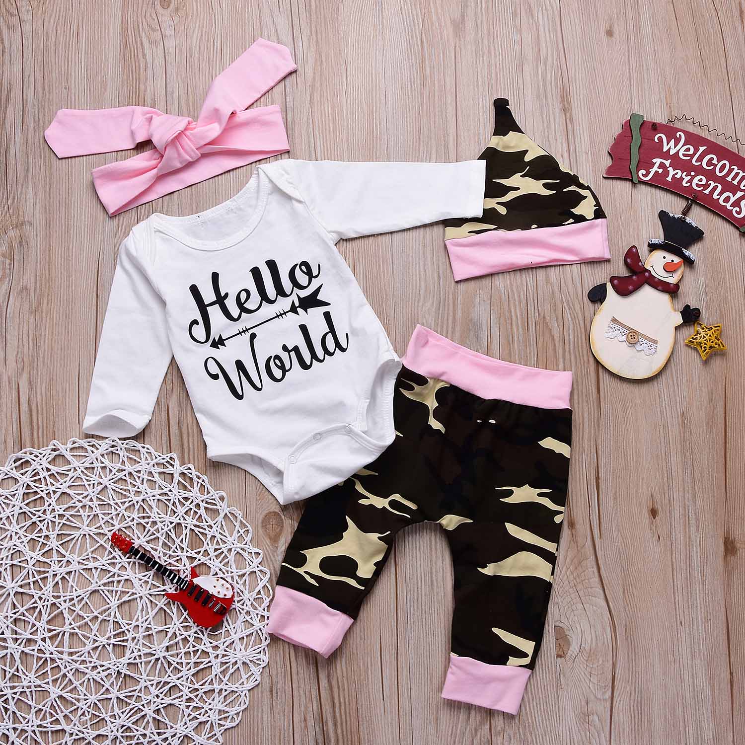 HELLO WORLD Bodysuit, Camouflage Pants And Headband And Hat Set, zoerea.com