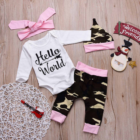 HELLO WORLD Bodysuit, Camouflage Pants And Headband And Hat Set, zoerea.com