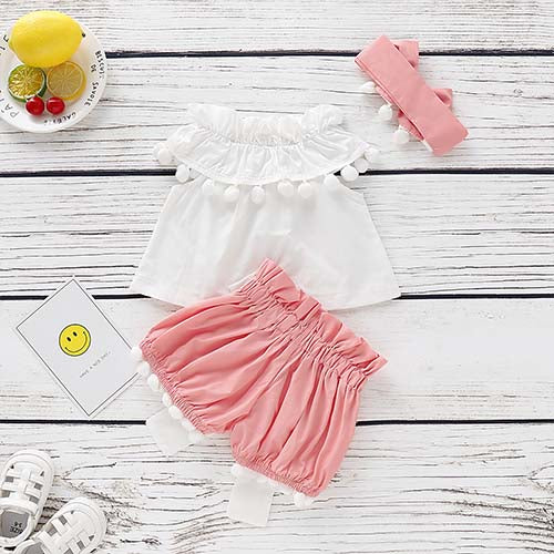 Pompon Decor Flounced Collar Top, Bowknot Shorts and Headband, zoerea.com