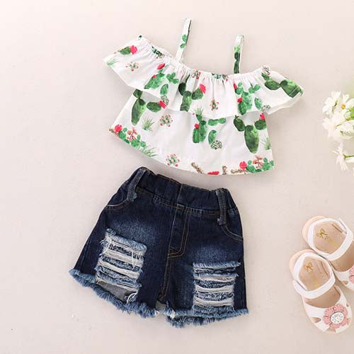 Ruffled Cactus Top And Ripped Denim Shorts Set, zoerea.com