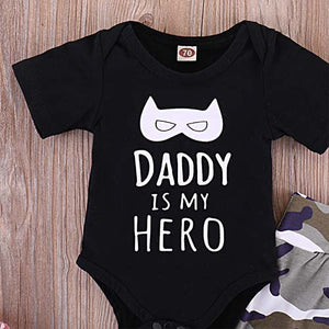 3-piece Daddy's My Hero Letter Print Bodysuit, Pants With Hat Outfit, zoerea.com