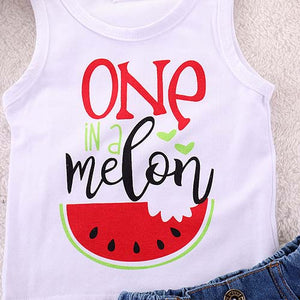 Watermelon Print Tank and Denim Ripped Watermelon Shorts Set, zoerea.com