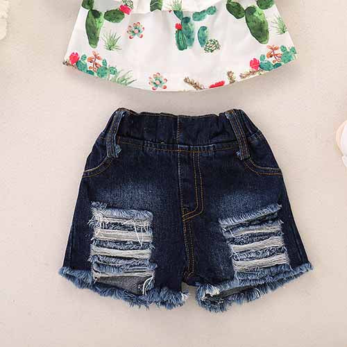 Ruffled Cactus Top And Ripped Denim Shorts Set, zoerea.com