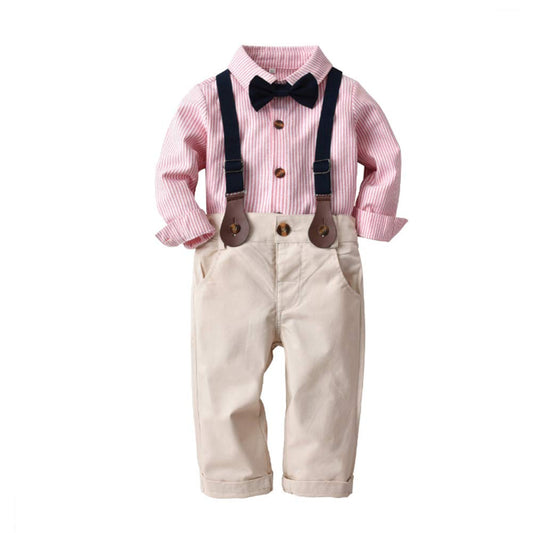 Bow Tie Decor Shirt & Suspender Pants Set, zoerea.com