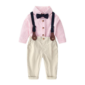 2-piece Bow Tie Striped Shirt And Suspender Pants, zoerea.com