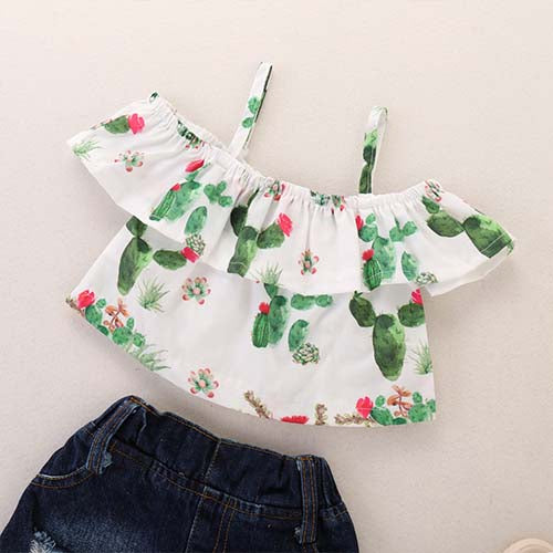 Ruffled Cactus Top And Ripped Denim Shorts Set, zoerea.com