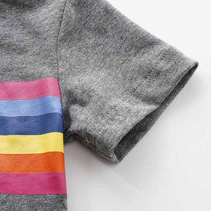 Rainbow Short-sleeve Top And Ripped Denim Shorts Set, zoerea.com