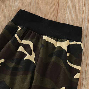 Letter Print Bodysuit And Camouflage Pants Set, zoerea.com