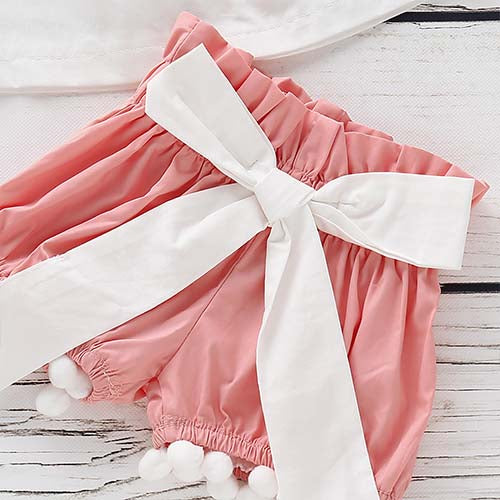 Pompon Decor Flounced Collar Top, Bowknot Shorts and Headband, zoerea.com