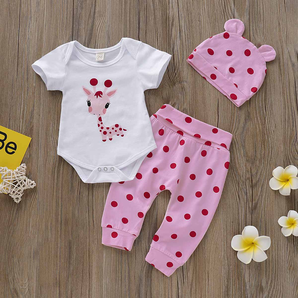 Cute Giraffe Print Romper, Polka Dot Pants and Hat Set, zoerea.com