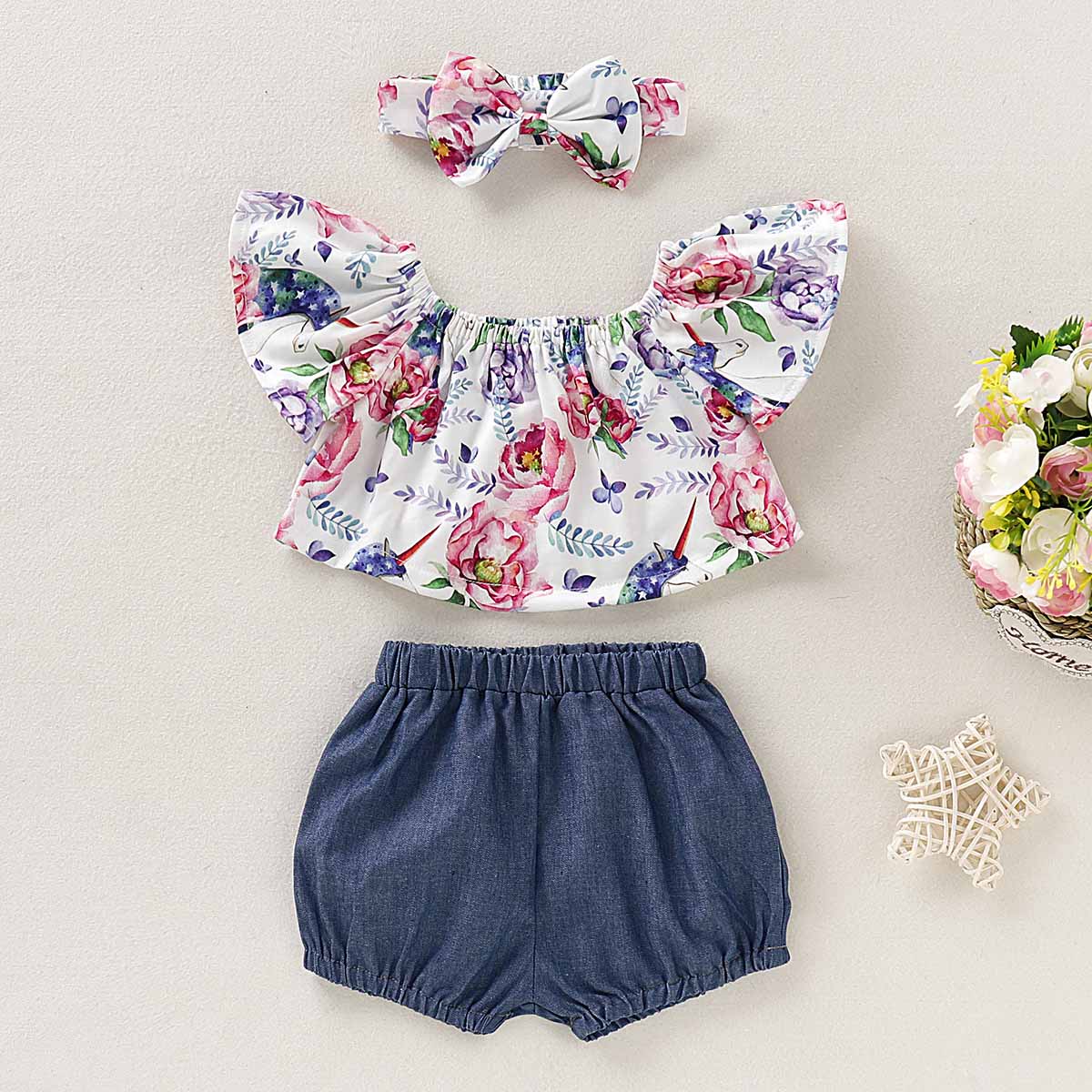 3-piece Floral Top, Denim Shorts And Headband Set, zoerea.com
