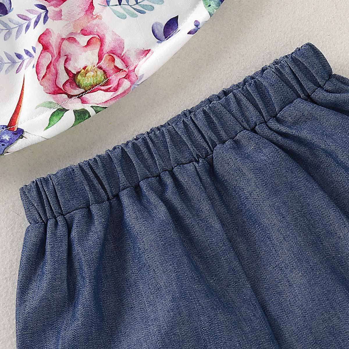 3-piece Floral Top, Denim Shorts And Headband Set, zoerea.com