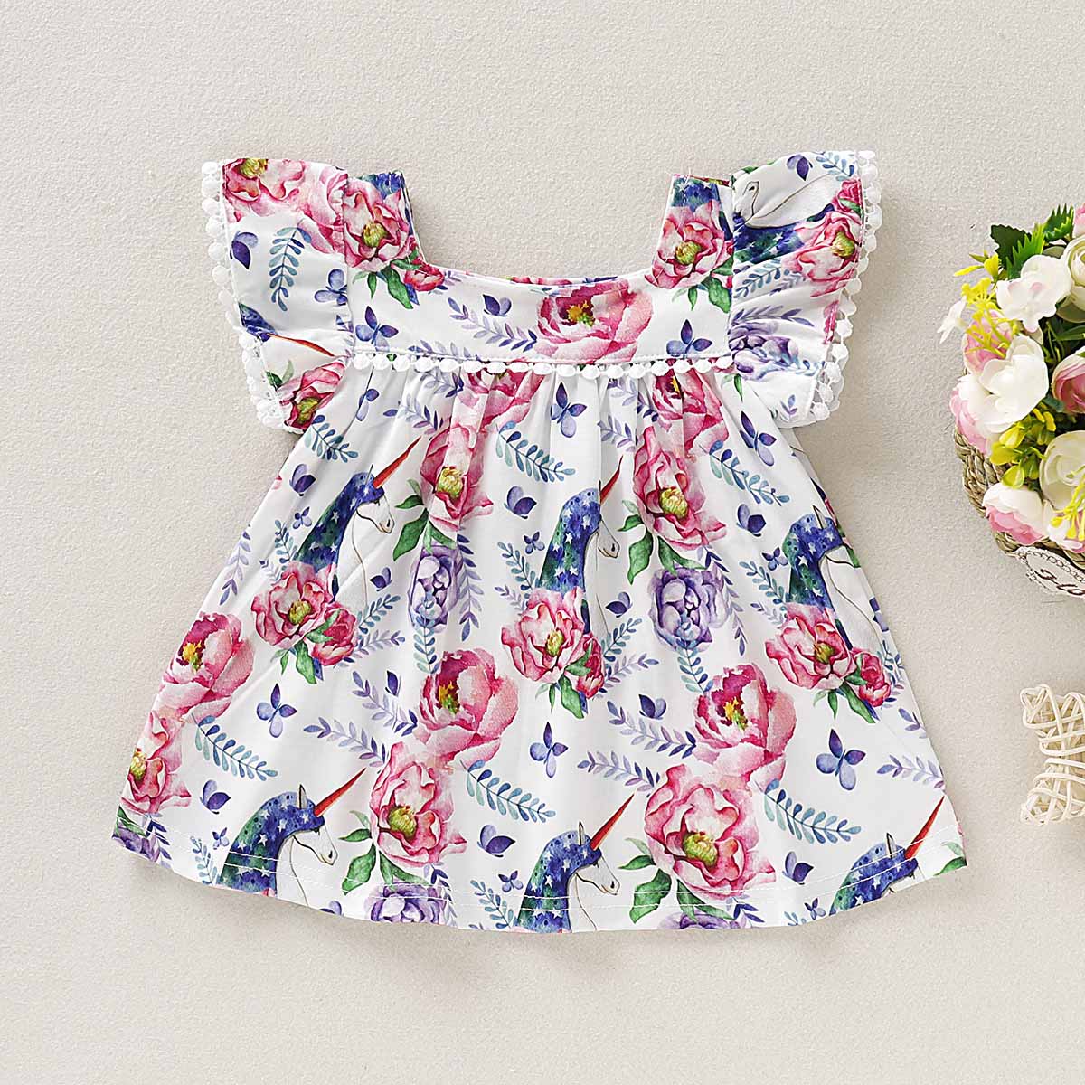 Chic Flower Allover Pompon Decor Dress, zoerea.com