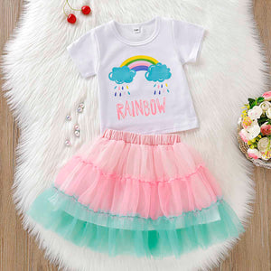 Cute Rainbow Print Tee And Tulle Skirt Set, zoerea.com