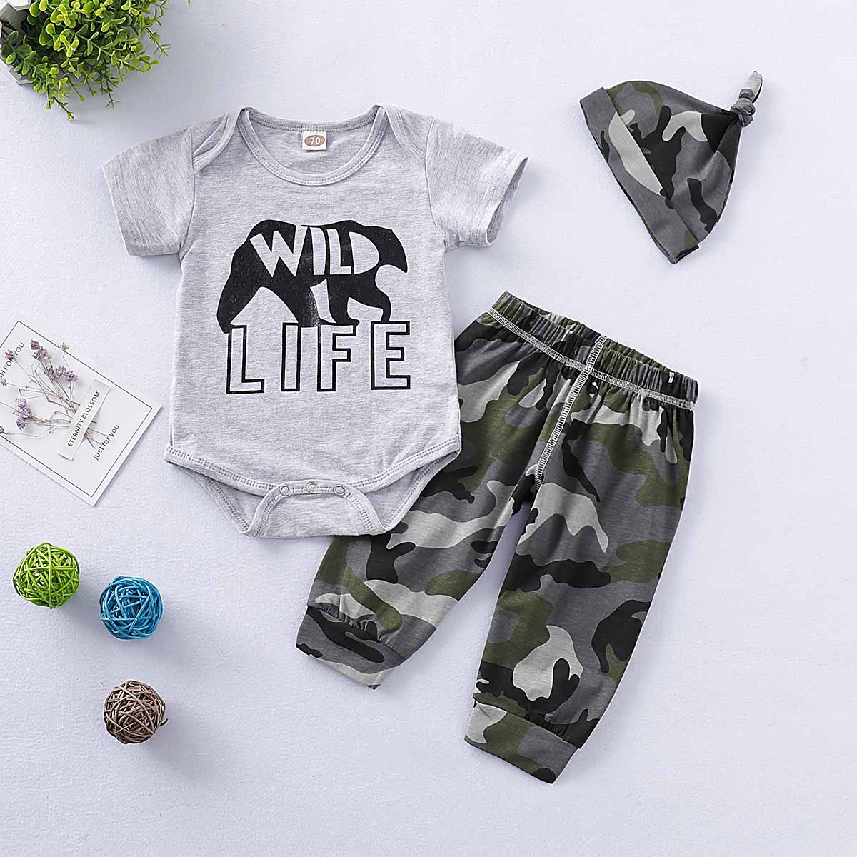 WILD LIFE Bear Print Bodysuit and Camouflage Pants with Hat Set, zoerea.com