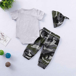 WILD LIFE Bear Print Bodysuit and Camouflage Pants with Hat Set, zoerea.com