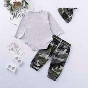 WILD LIFE Bear Print Long-sleeve Bodysuit and Camouflage Pants with Hat Set, zoerea.com