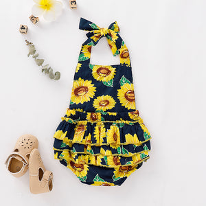 Baby Girl Lace Decor Strap Sunflower Romper, zoerea.com