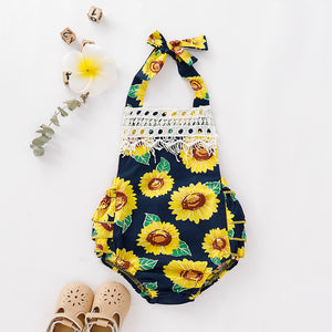 Baby Girl Lace Decor Strap Sunflower Romper, zoerea.com