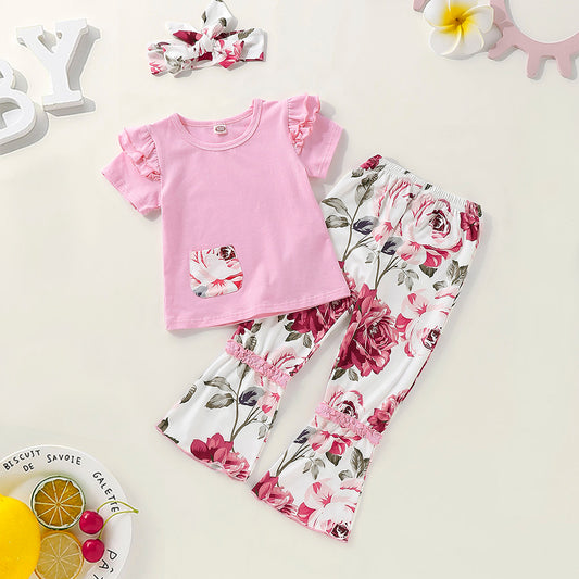 Layered Shoulder Tee And Floral Flare-Leg Pants Set, zoerea.com