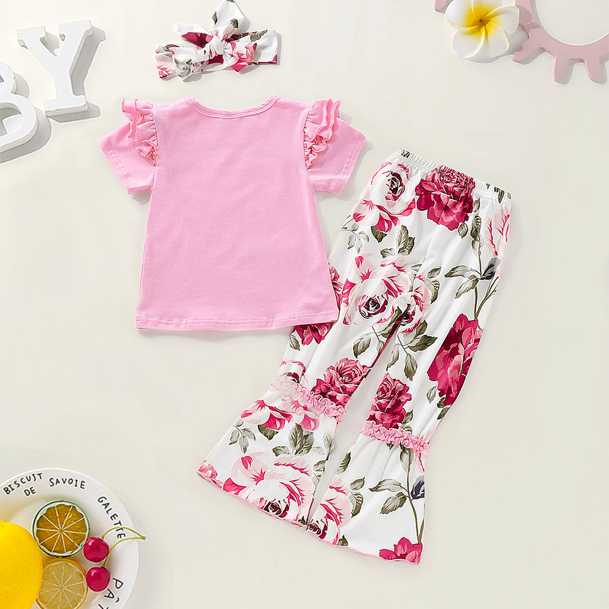 Layered Shoulder Tee And Floral Flare-Leg Pants Set, zoerea.com