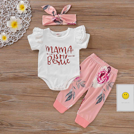 3-piece MAMA IS MY BESTIE Ruffled Bodysuit and Floral Pants Set, zoerea.com