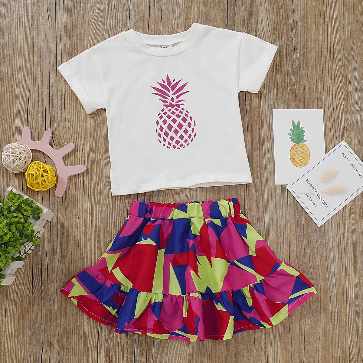 Lovely Pinapple Print T-shirt And Color Contrast Skirt, zoerea.com