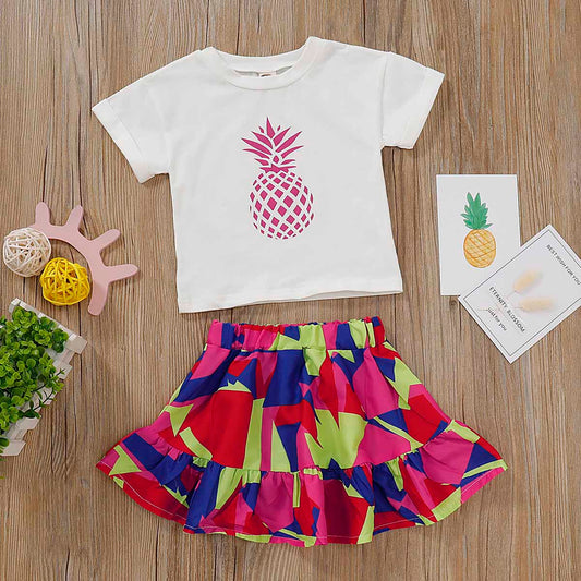 Lovely Pinapple Print T-shirt And Color Contrast Skirt, zoerea.com
