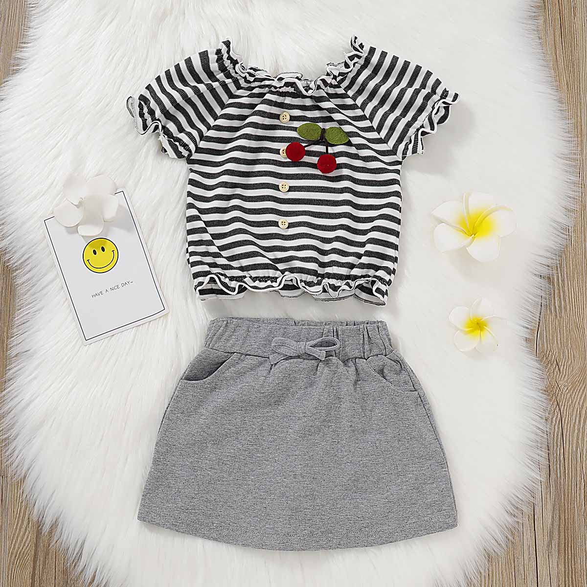 Cute Striped Buttons Front Top And Solid Skirt Set, zoerea.com