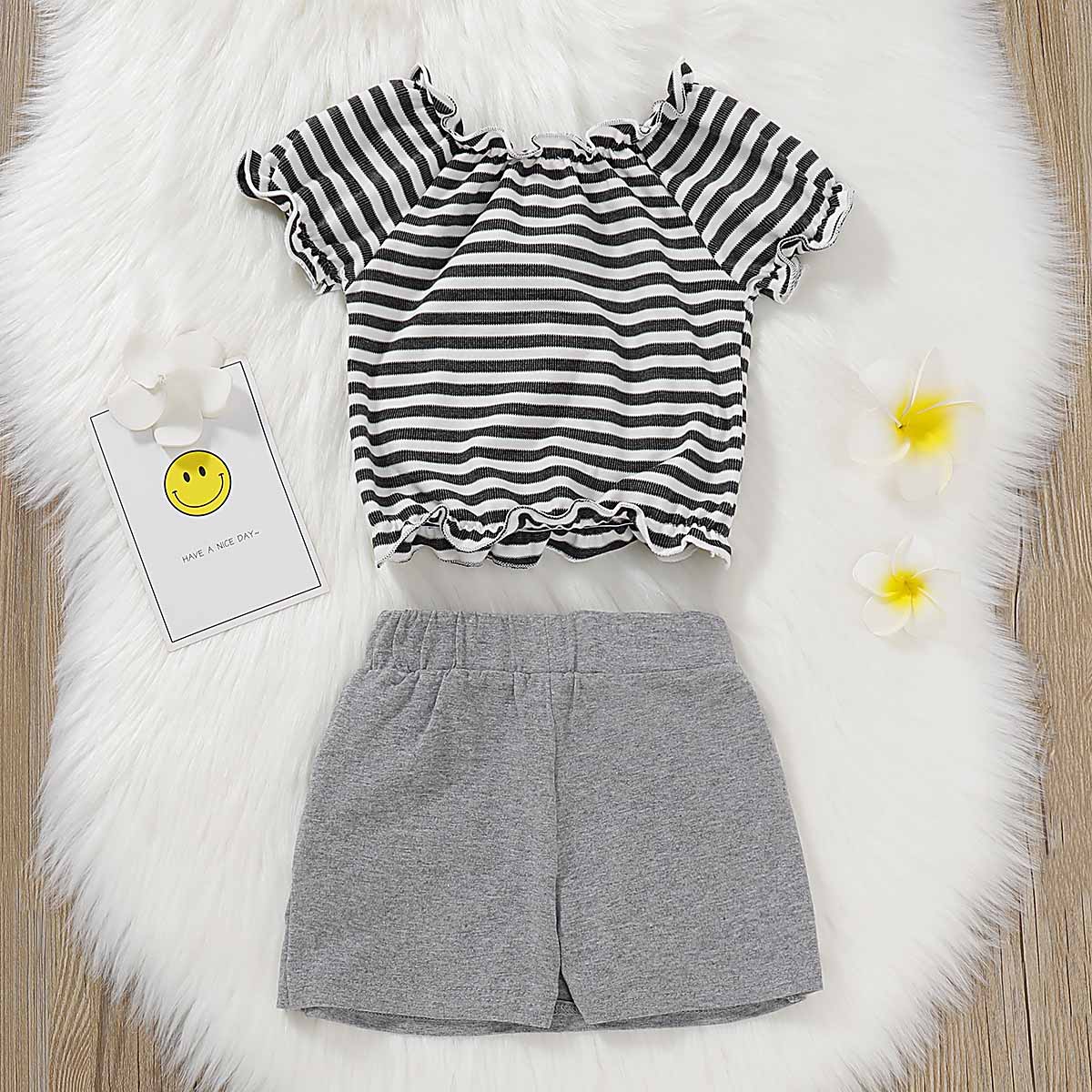 Cute Striped Buttons Front Top And Solid Skirt Set, zoerea.com
