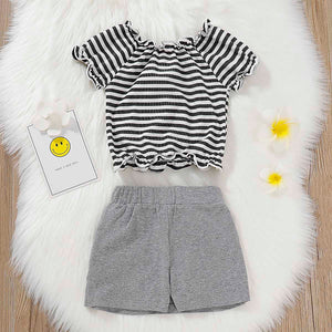 Cute Striped Buttons Front Top And Solid Skirt Set, zoerea.com