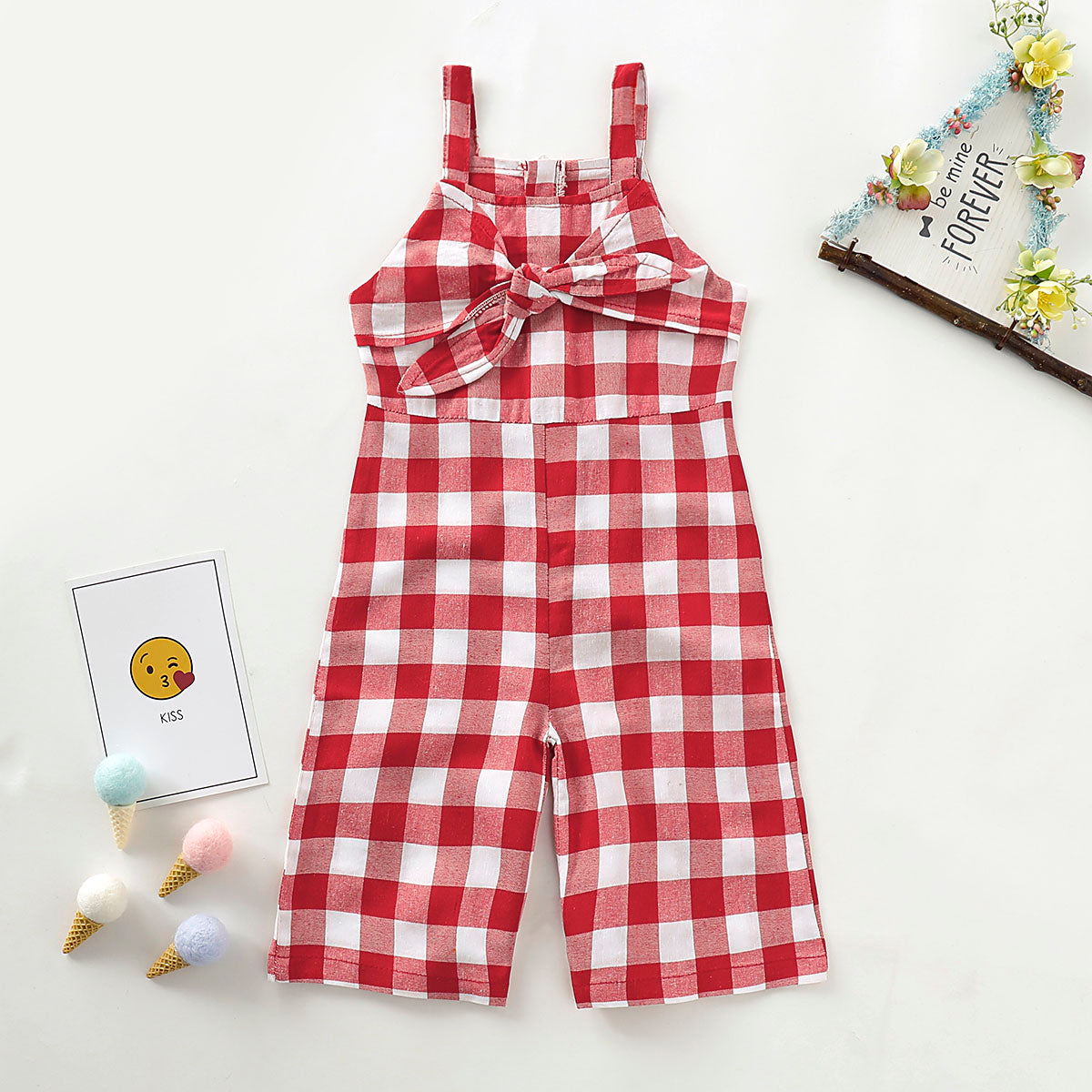 One Piece Bowknot Decor Plaid Suspender Strap Jumpsuit, zoerea.com
