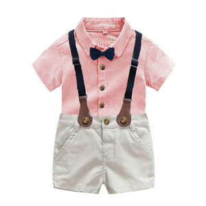 Solid Lapel Collar Striped Shirt And Shorts Set, zoerea.com