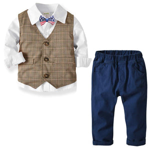 3-piece Bow Tie Shirt & Plaid Vest & Pants Set, zoerea.com