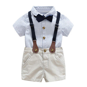 Solid Lapel Collar Striped Shirt And Shorts Set, zoerea.com