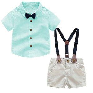 Solid Lapel Collar Striped Shirt And Shorts Set, zoerea.com