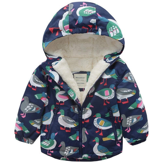 Warm Bird Print Long-sleeve Hooded Coat, zoerea.com