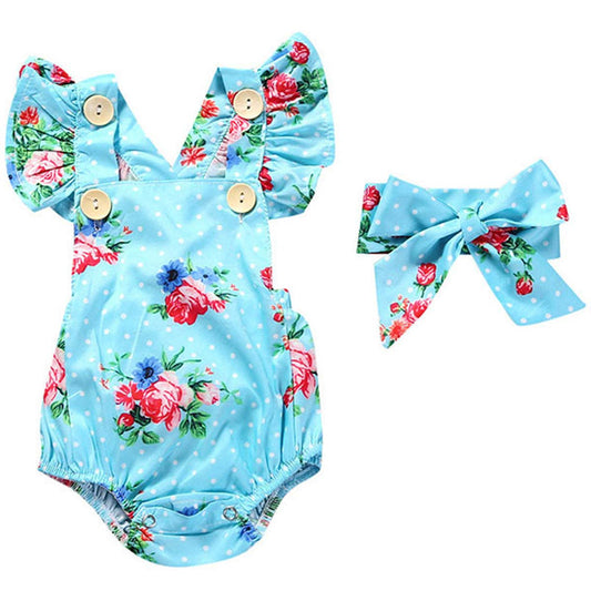 Pretty Floral Pattern Bodysuit And Headband Set, zoerea.com