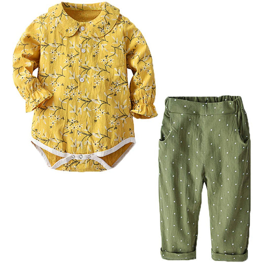 Pretty Floral Print Doll Collar Bodysuit And Pants Set, zoerea.com