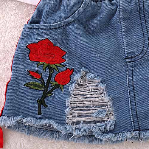 Rose Tee And Ripped Denim Skirt Set, zoerea.com