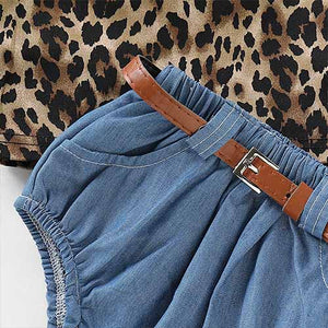 3-piece Leopard Short-sleeve Top And Denim Shorts, zoerea.com