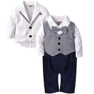 2-piece Gentleman Striped Faux Overalls And Coat, zoerea.com