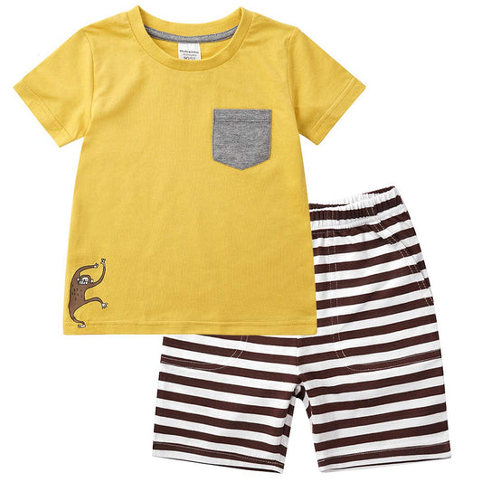 Casual Pocket Design Tee and Striped Shorts Set, zoerea.com