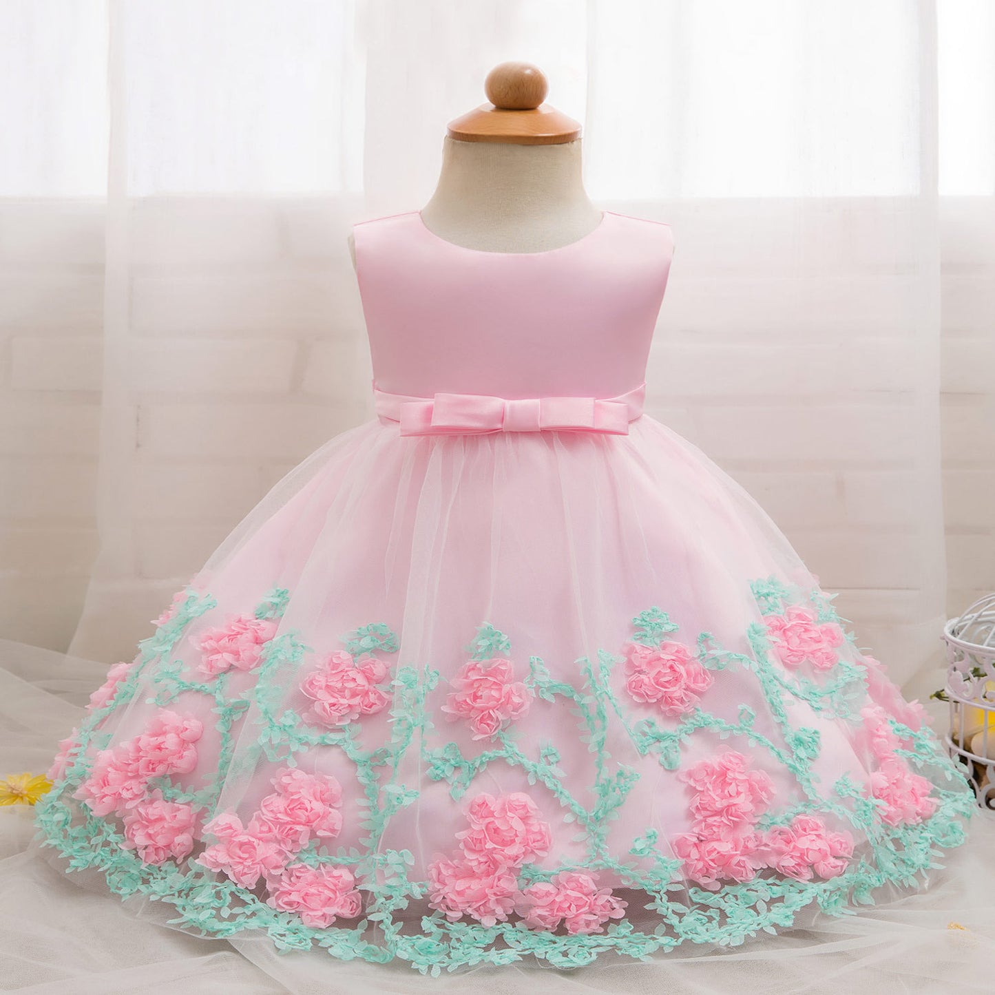 Baby Girl 3D Floral Applique Sleeveless Tulle Party Dress, zoerea.com