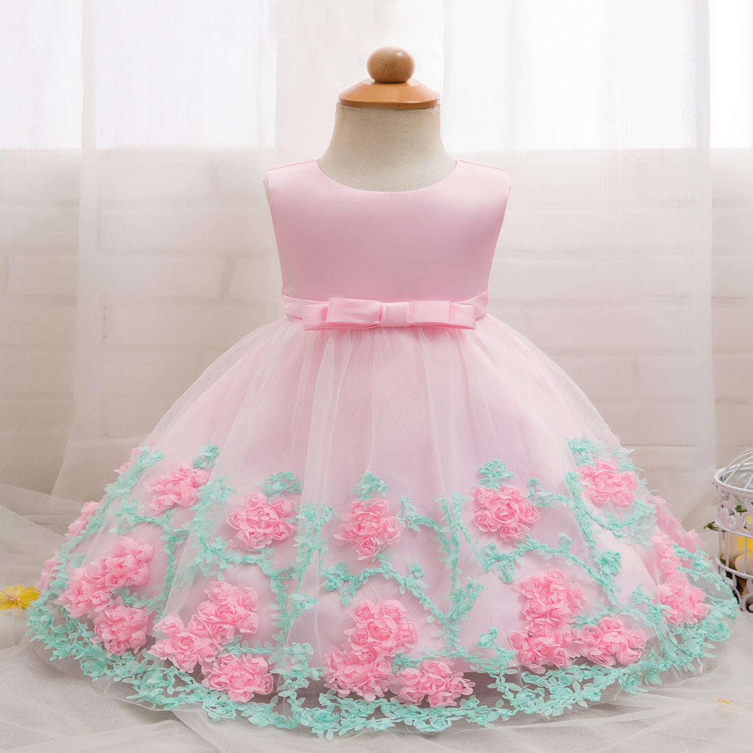 Baby Girl 3D Floral Applique Sleeveless Tulle Party Dress, zoerea.com