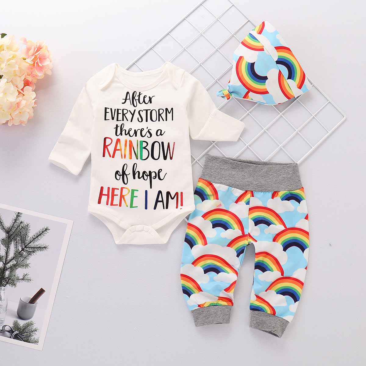 3-piece Letter Print Bodysuit, Rainbow Pattern Pants And Hat Set, zoerea.com