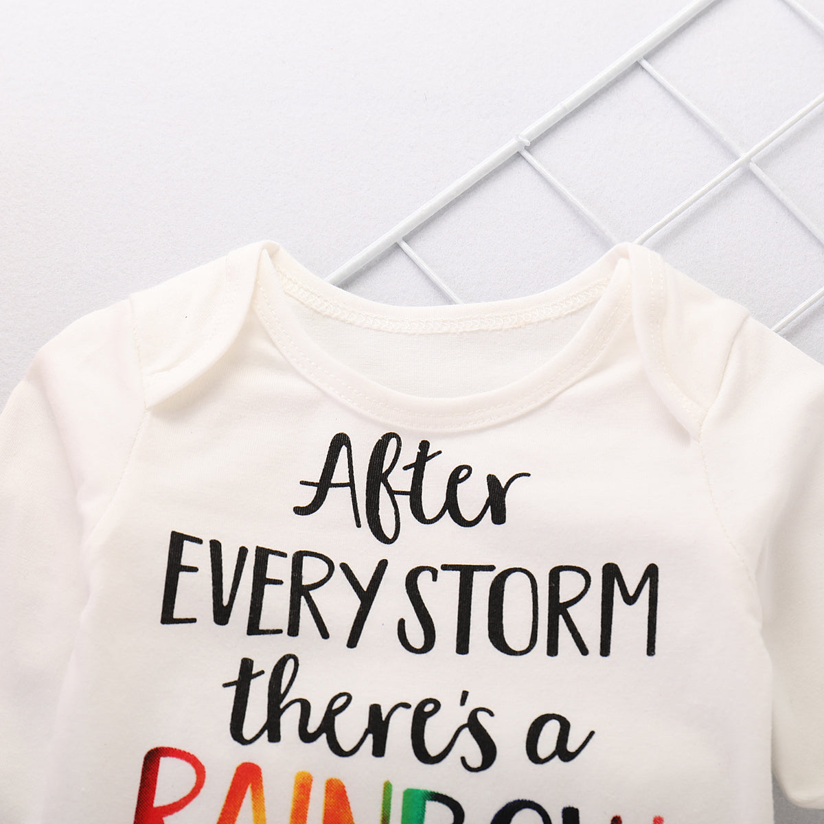 3-piece Letter Print Bodysuit, Rainbow Pattern Pants And Hat Set, zoerea.com