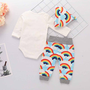 3-piece Letter Print Bodysuit, Rainbow Pattern Pants And Hat Set, zoerea.com